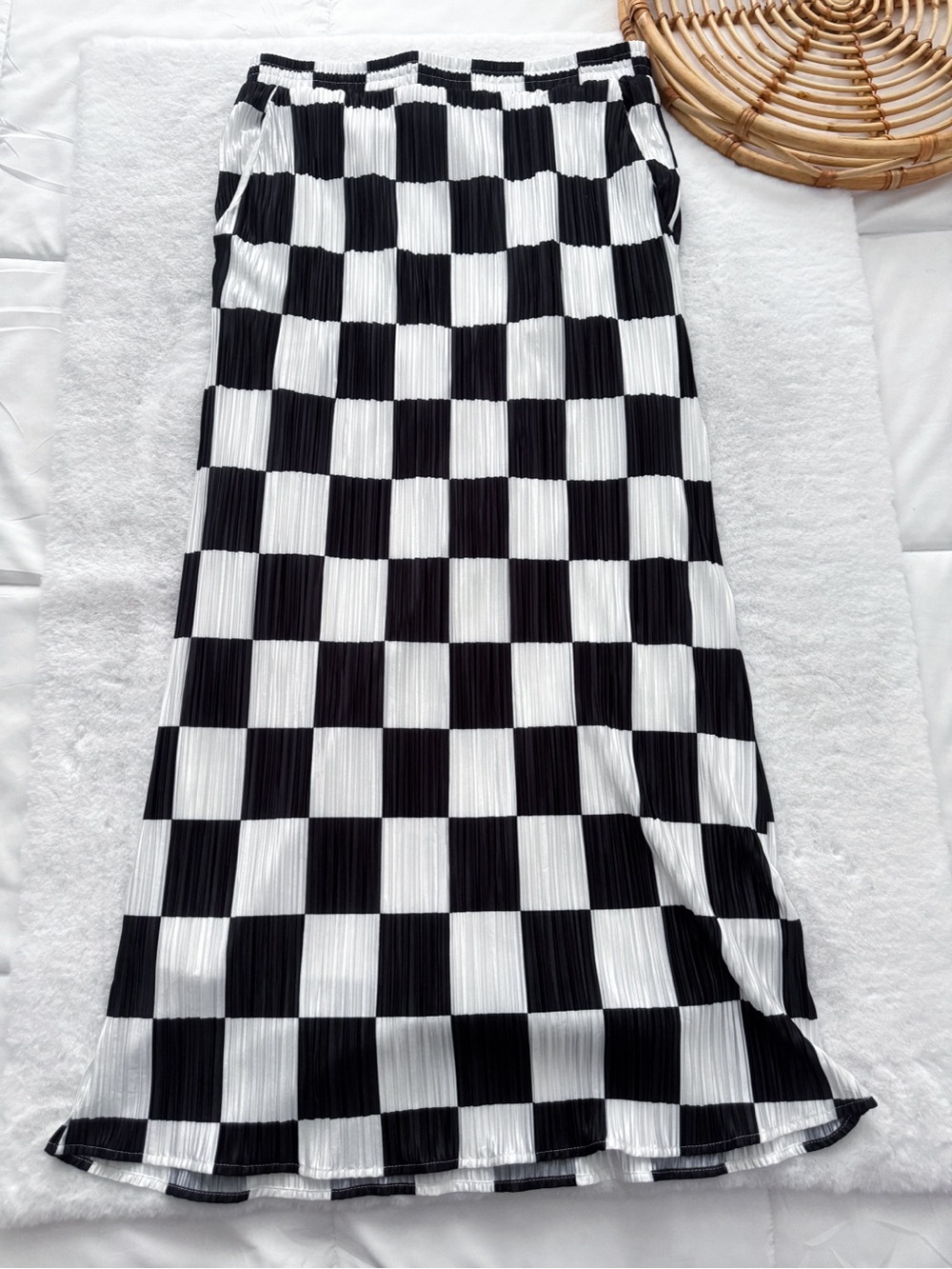 Dressed In Lala Santorini Midi Maxi Plisse Skirt in Black White Check - Picture 8 of 14